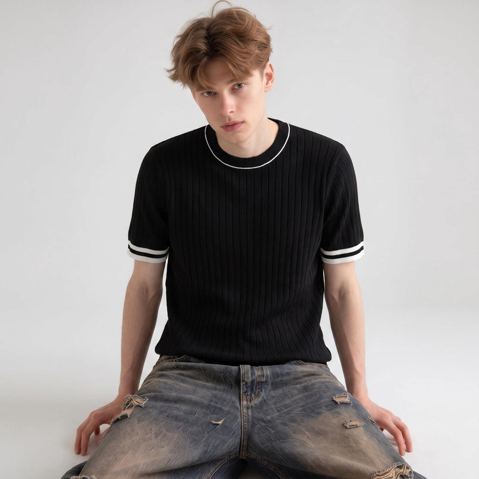 Men's Slim Fit Color Block Round Neck Knit Short Sleeve T-Shirt