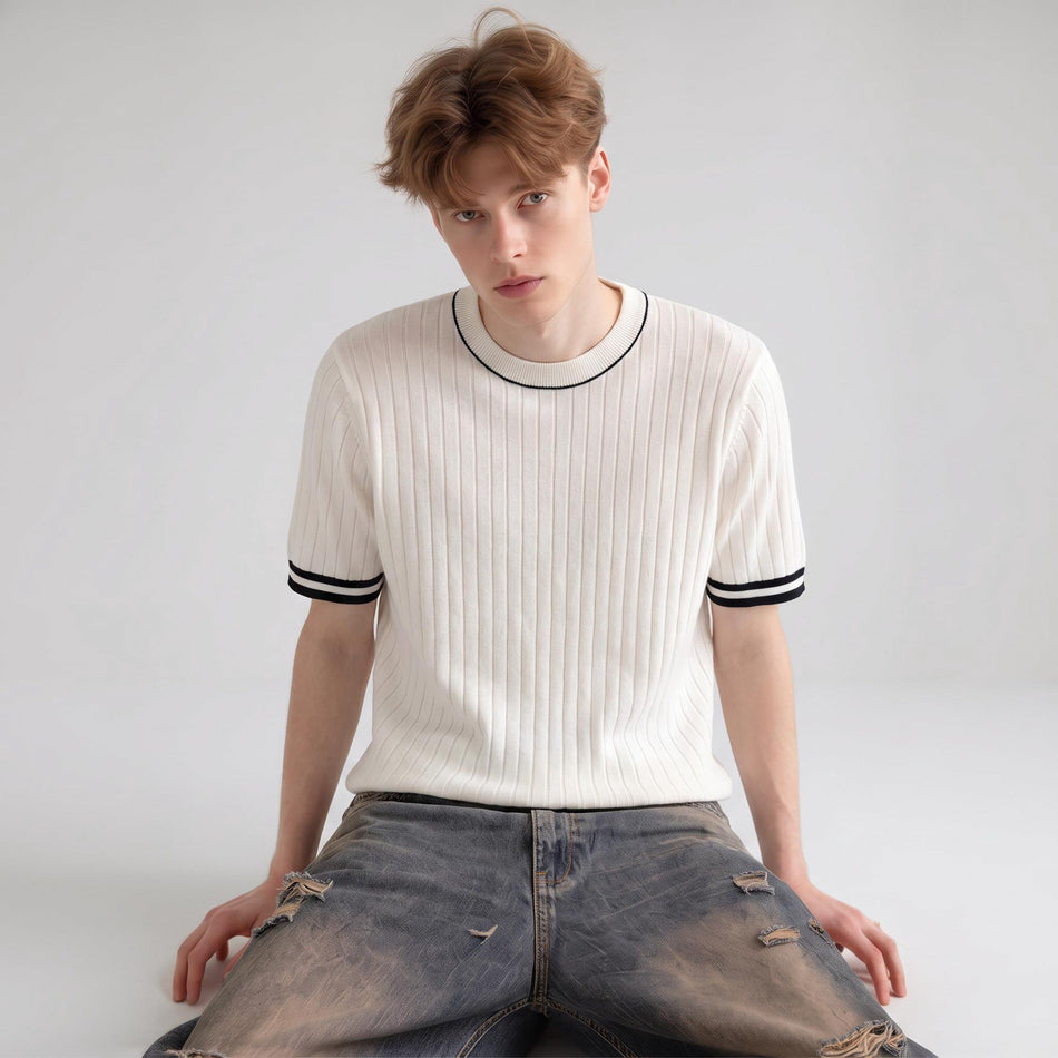 Men's Slim Fit Color Block Round Neck Knit Short Sleeve T-Shirt