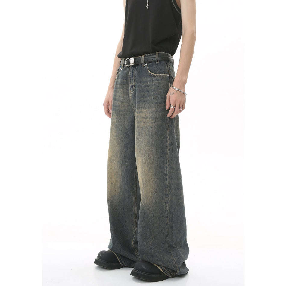 Unisex Vintage Hong Kong Style Distressed Wide-Leg Jeans