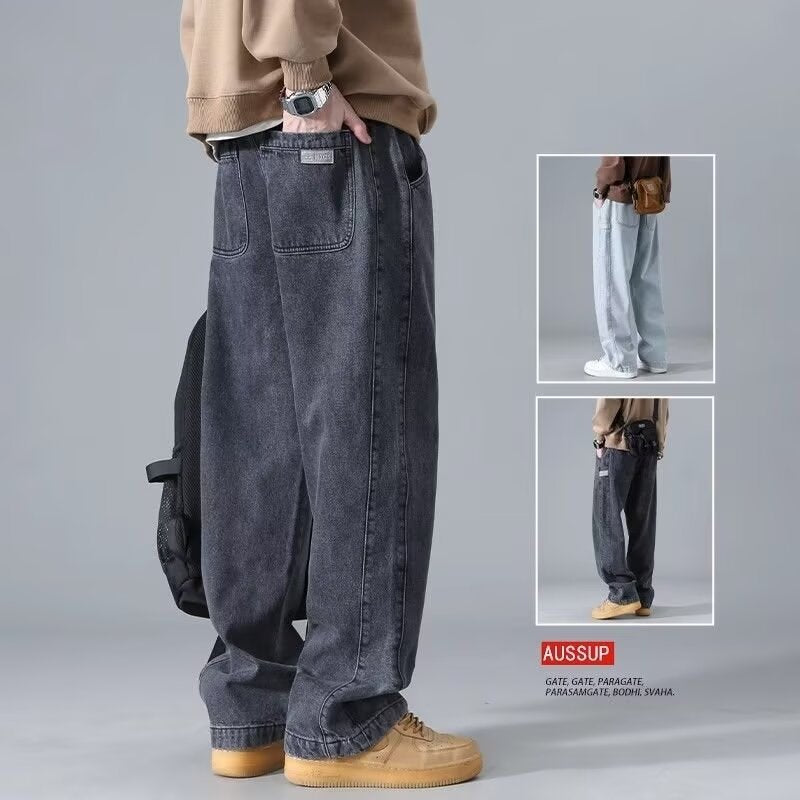 Men's Light Blue Drawstring Loose Straight Leg Jeans