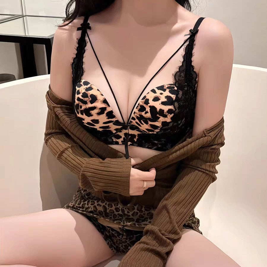 Leopard Print Lace Push-Up Bra Deep V Wireless Backless Lingerie