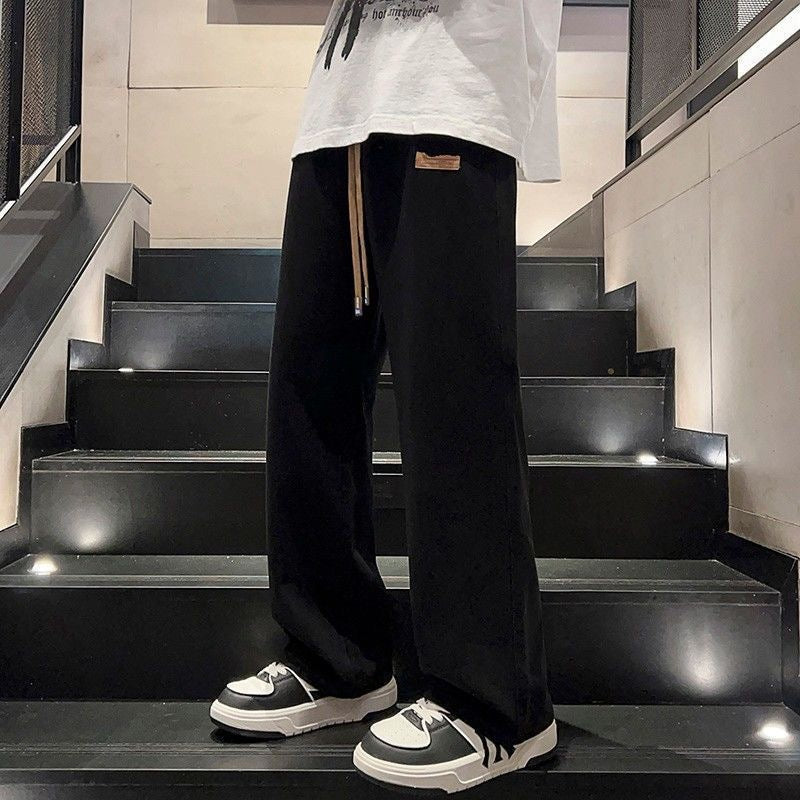 Men's Black Loose Wide-Leg Drawstring Straight Workwear Jeans