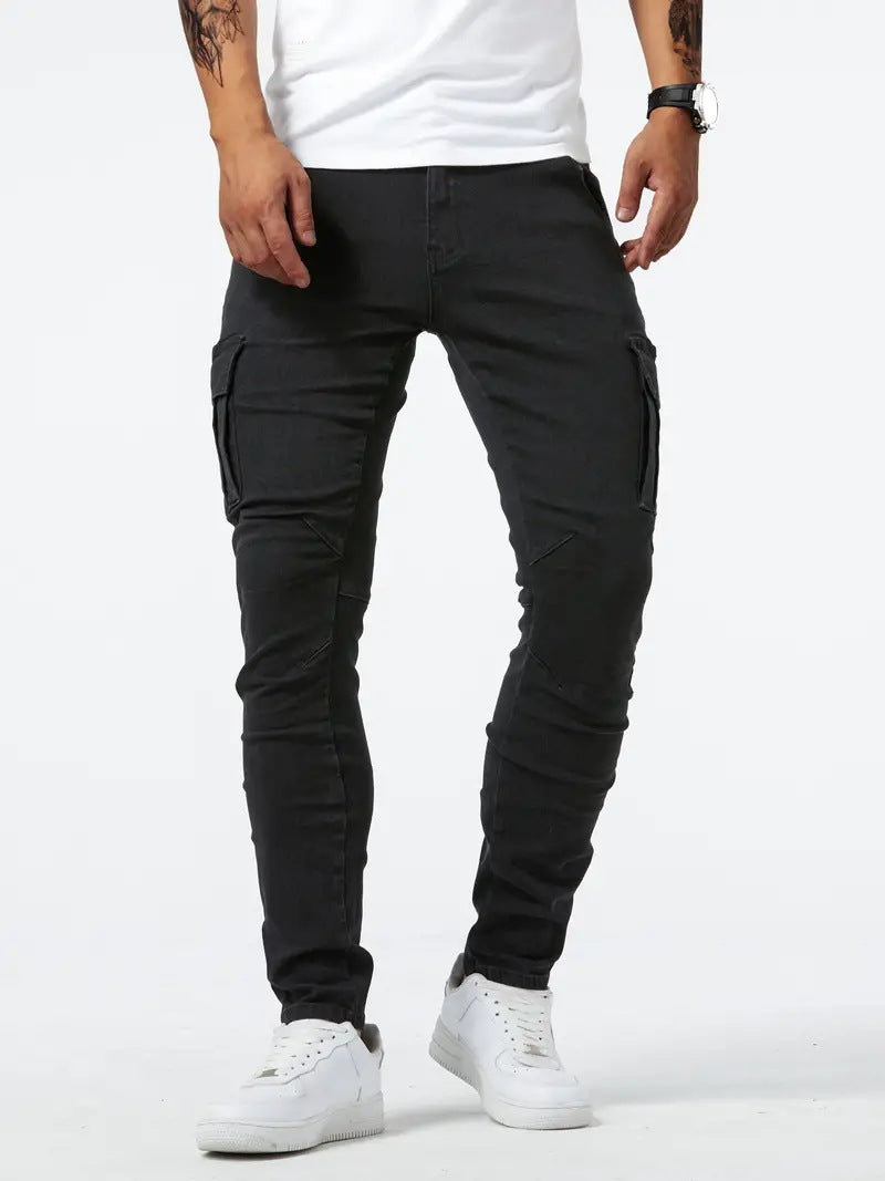 Men's Denim Workwear Pants Multi-Pocket Casual Utility Trousers