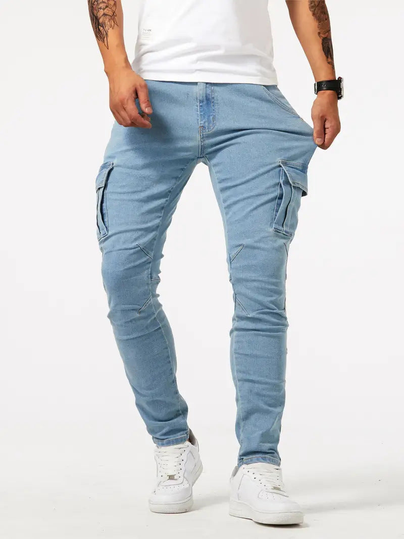 Men's Denim Workwear Pants Multi-Pocket Casual Utility Trousers