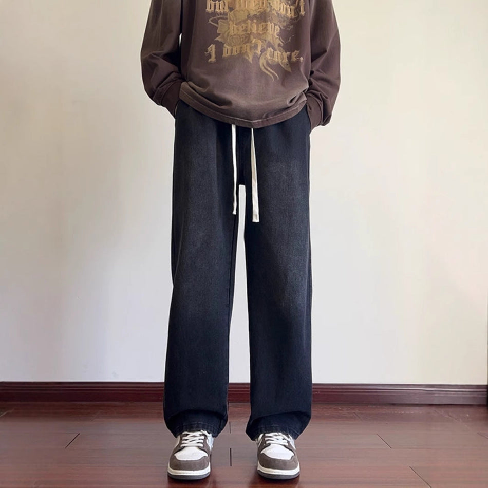 Men's Black Gray Elastic Waist American High Street Jeans