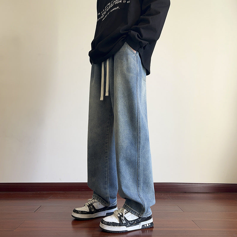 Men's Black Gray Elastic Waist American High Street Jeans