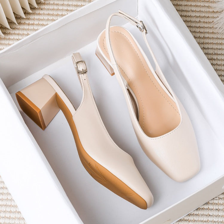 Soft Leather Square Toe Sandals with Thick Heel