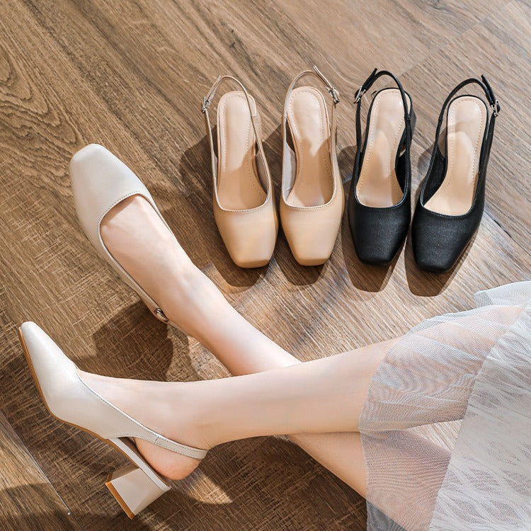 Soft Leather Square Toe Sandals with Thick Heel