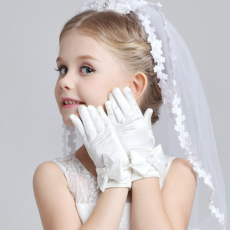 Girls' Short Satin Bow Etiquette Gloves