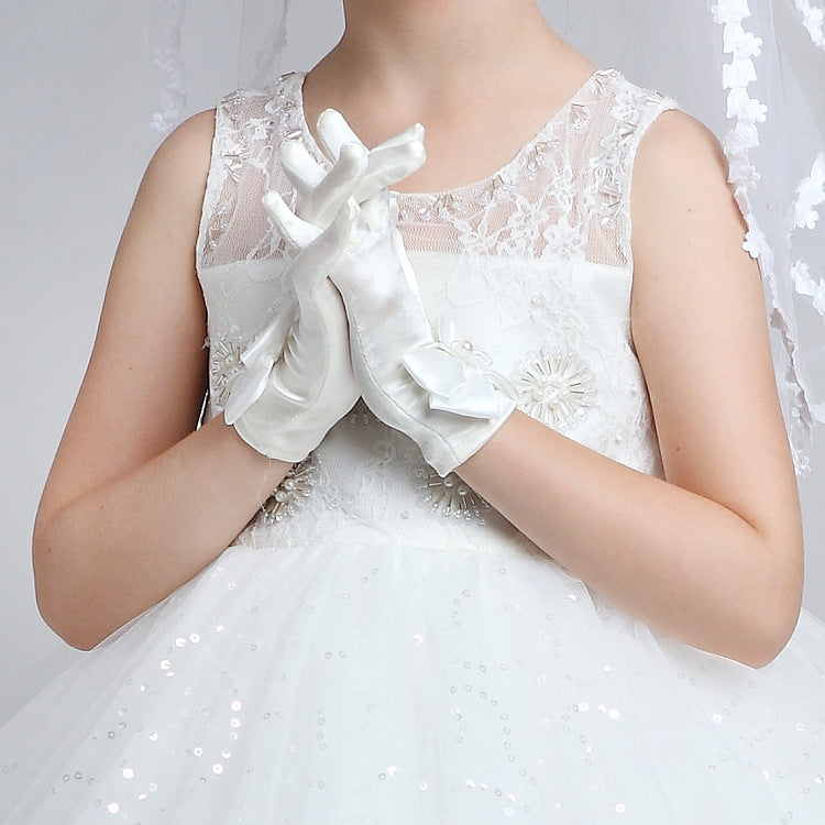 Girls' Short Satin Bow Etiquette Gloves