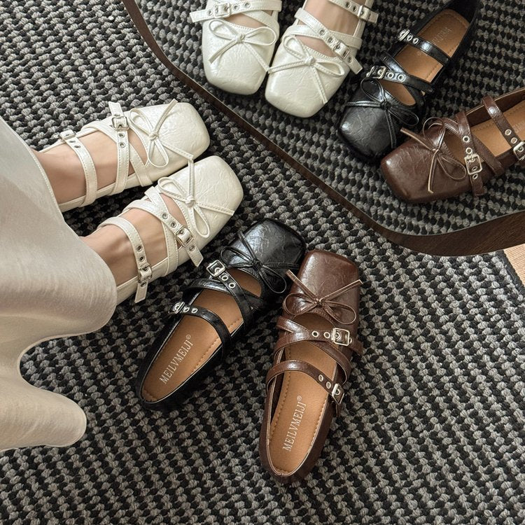 Pleated Bowknot Ballet Mary Jane Shoes with Hidden Heel