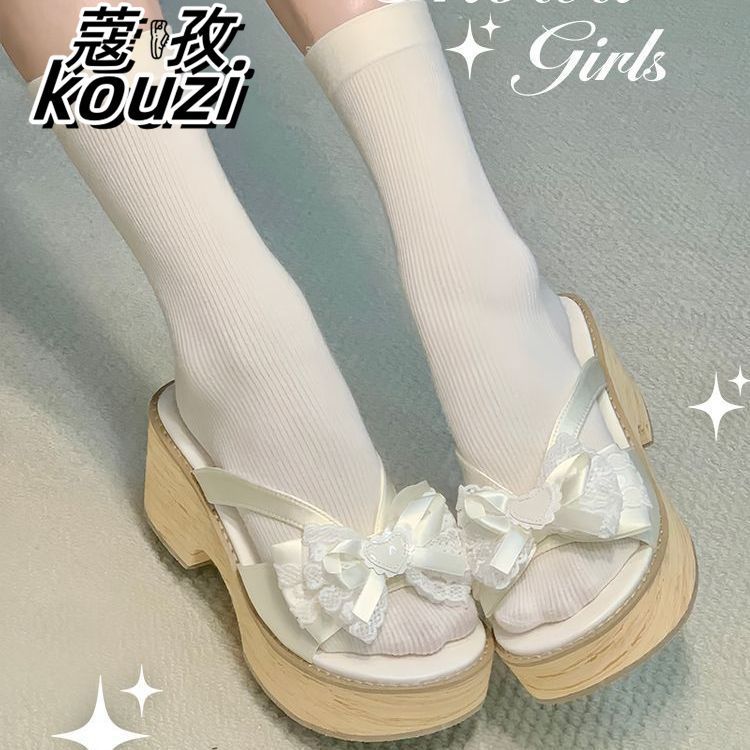 Japanese-Style Bowknot Chunky Heel Clogs for Women