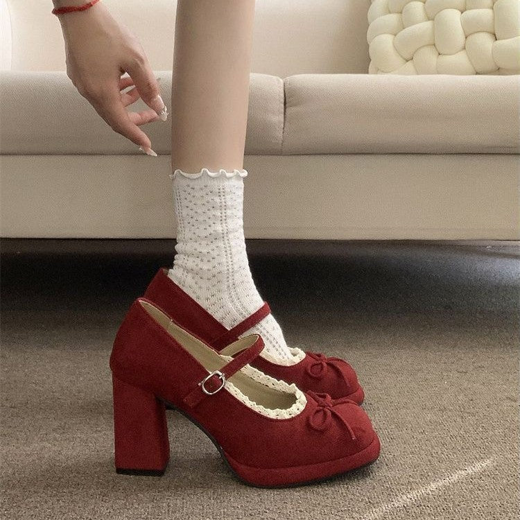 Bowknot Lace Trim Mary Jane Heels for Women