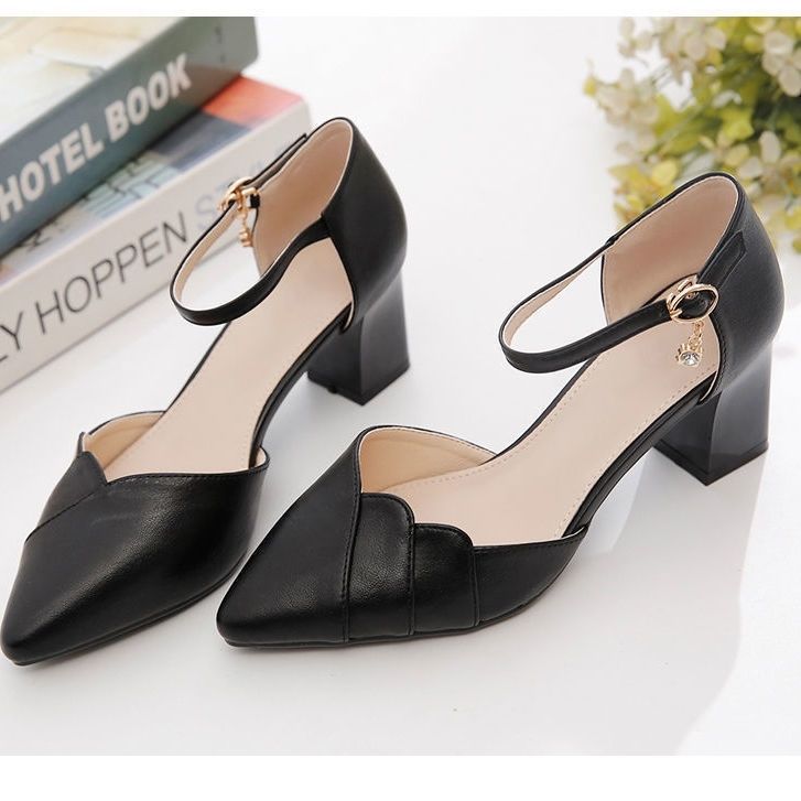 Pointed Toe Hollow Buckle Heels with Chunky Heel for Women