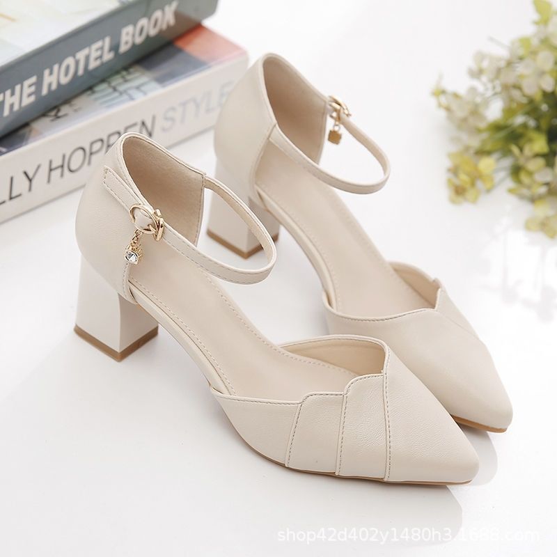 Pointed Toe Hollow Buckle Heels with Chunky Heel for Women