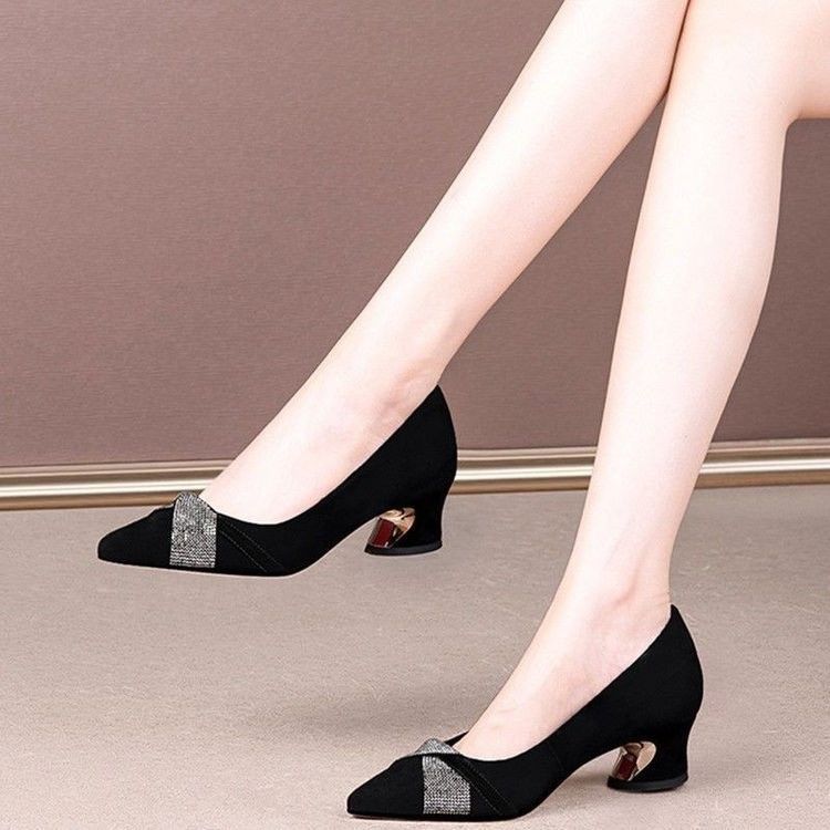 Black Pointed Toe Chunky Heel Loafers for Women