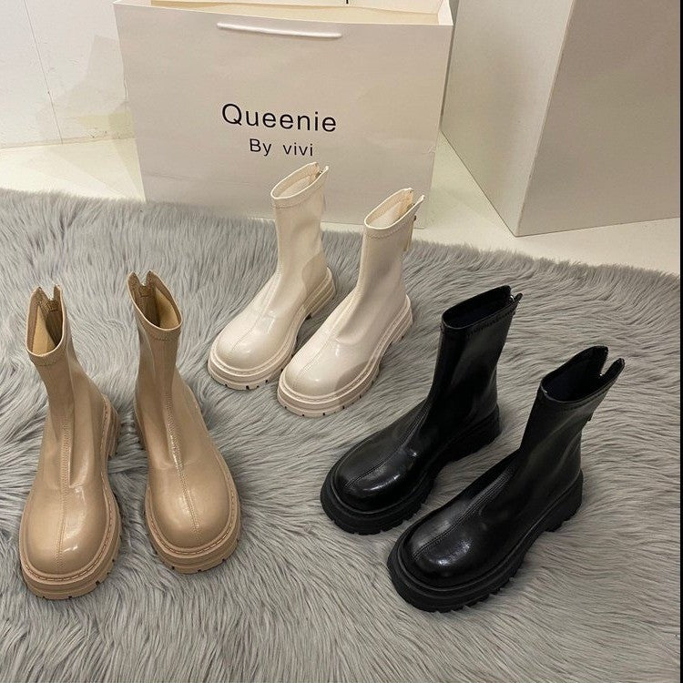 Women's British Style Thick Heel Fashion Boots with Zipper