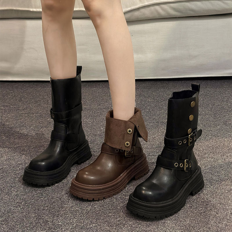 British Style Mid-Calf Wedge Boots with Thick Sole for Women