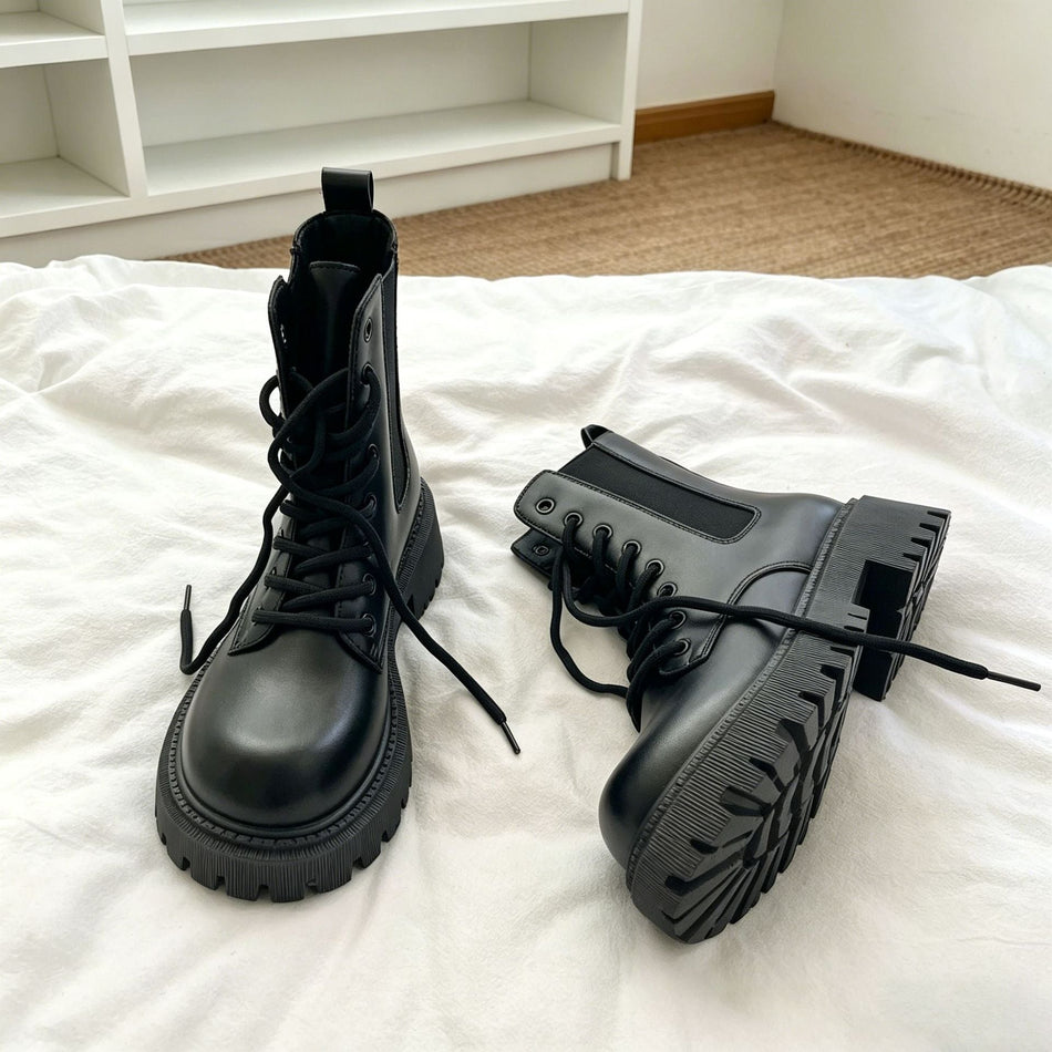 Women's Black British Martin Boots with Thick Sole