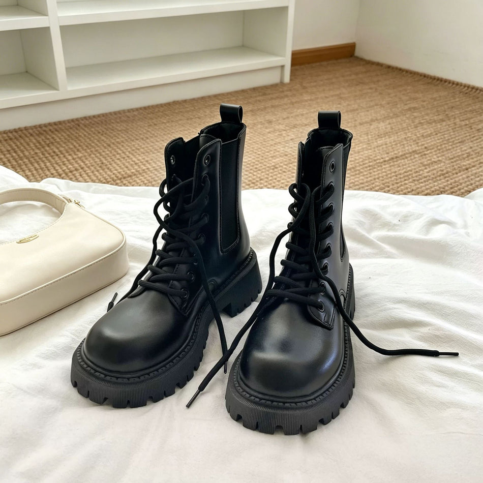 Women's Black British Martin Boots with Thick Sole