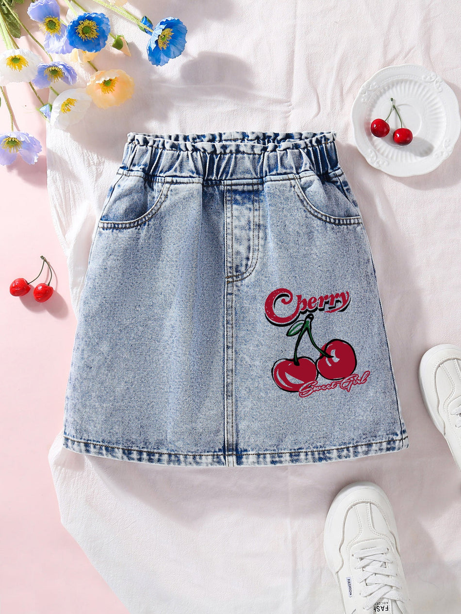 Girls' Cute Cherry Print Denim Skirt