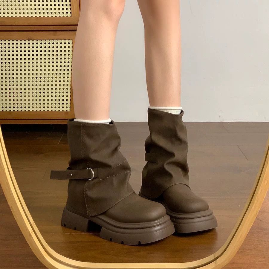 Women's Brown Slouch Martin Boots with 5cm Thick Sole