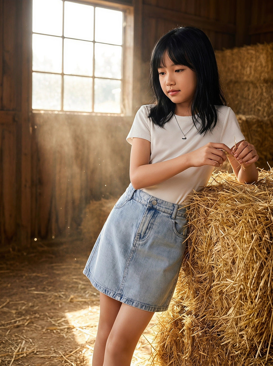 Girls' Casual A-Line Cotton Denim Skirt