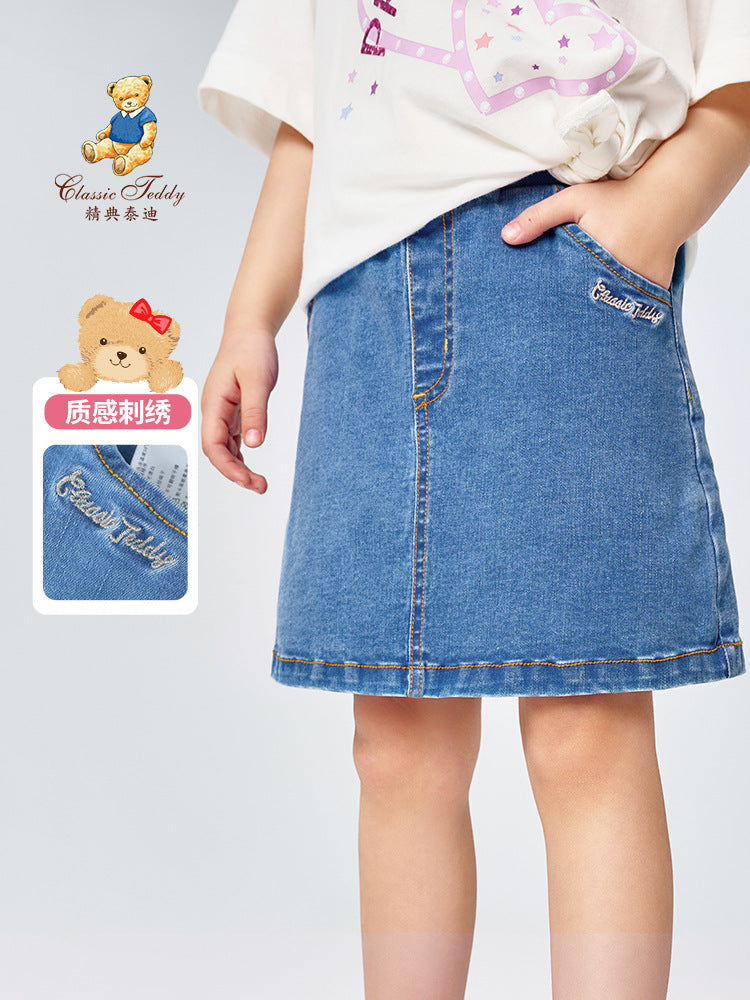 Classic Teddy Girls' Soft Cotton Denim A-Line Skirt