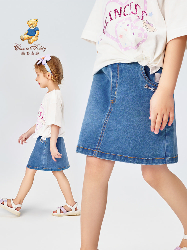 Classic Teddy Girls' Soft Cotton Denim A-Line Skirt