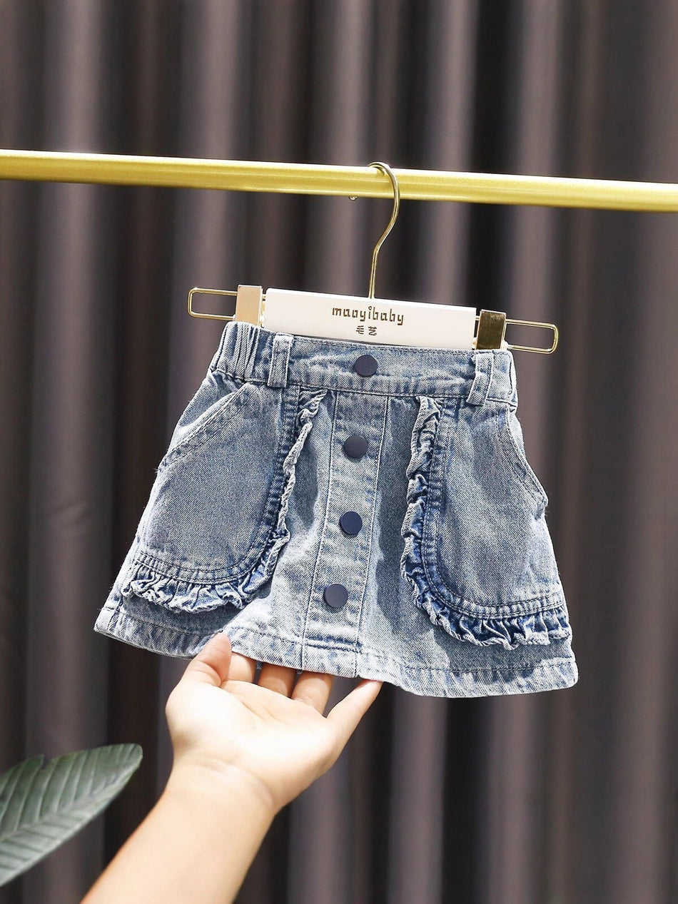 Girls' Korean Style Ruffled Denim A-Line Skirt