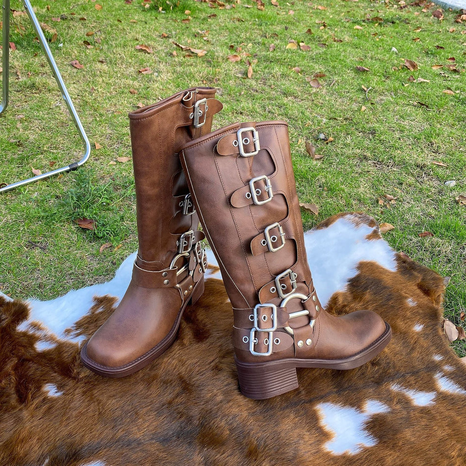 Women's Retro Belt Buckle Mid-Calf Wedge Boots
