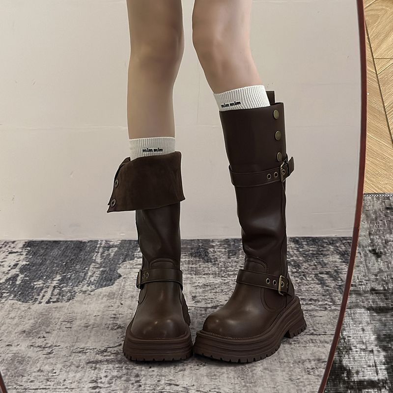Women's Retro Belt Buckle High Boots with 5cm Heel