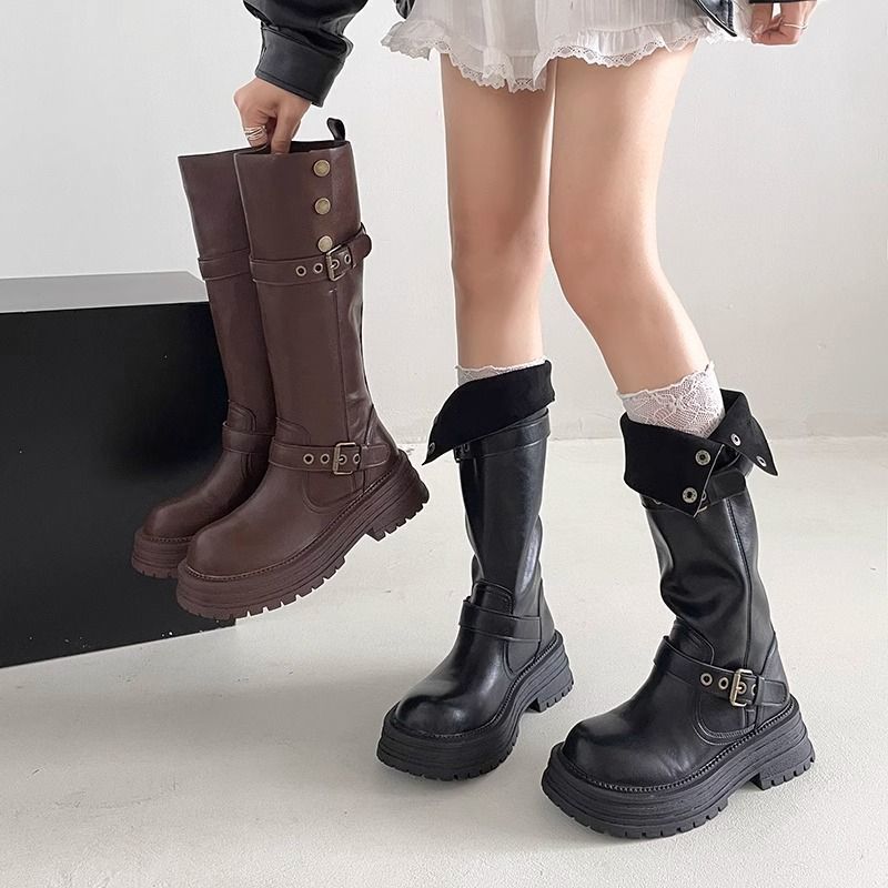 Women's Retro Belt Buckle High Boots with 5cm Heel