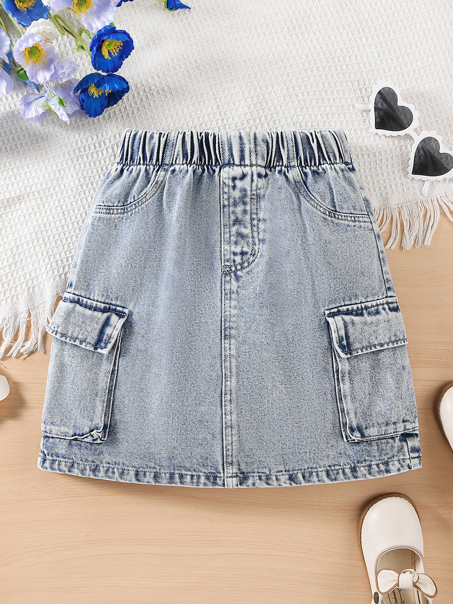 Girls' Hip-Hop Cargo Denim Midi Skirt