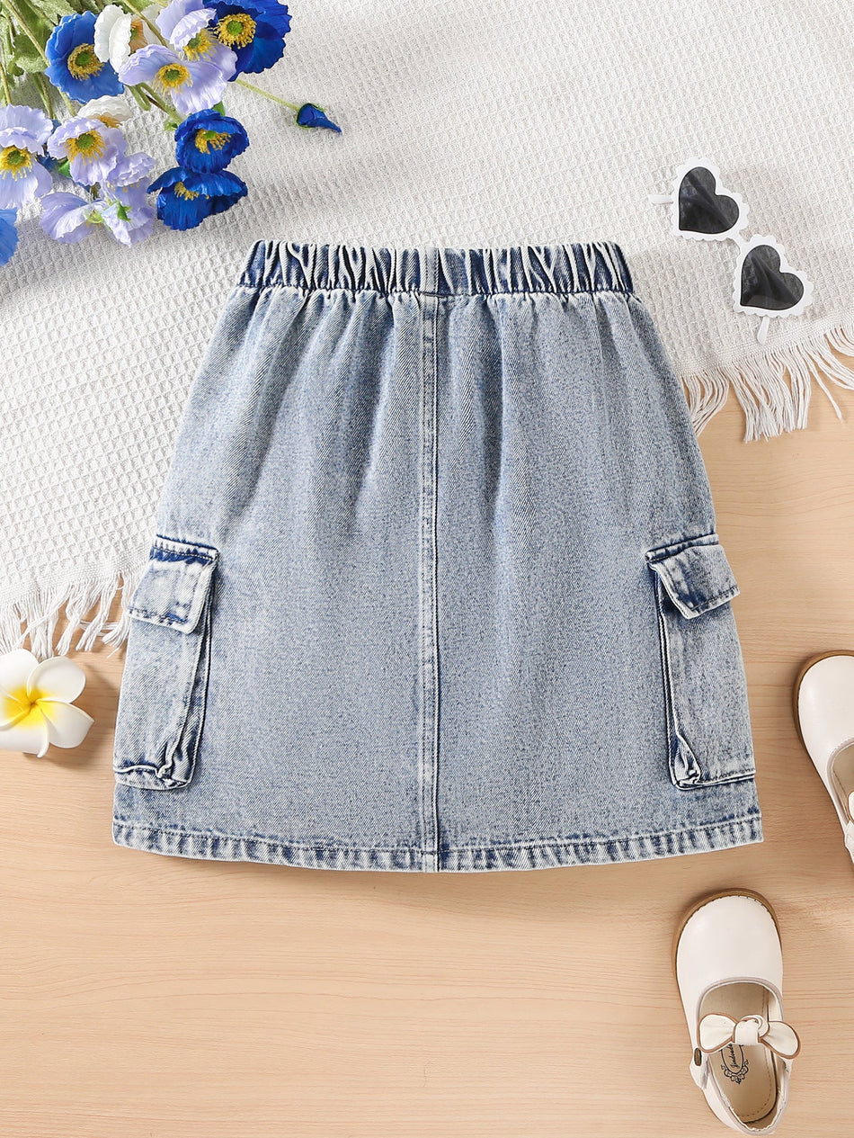 Girls' Hip-Hop Cargo Denim Midi Skirt