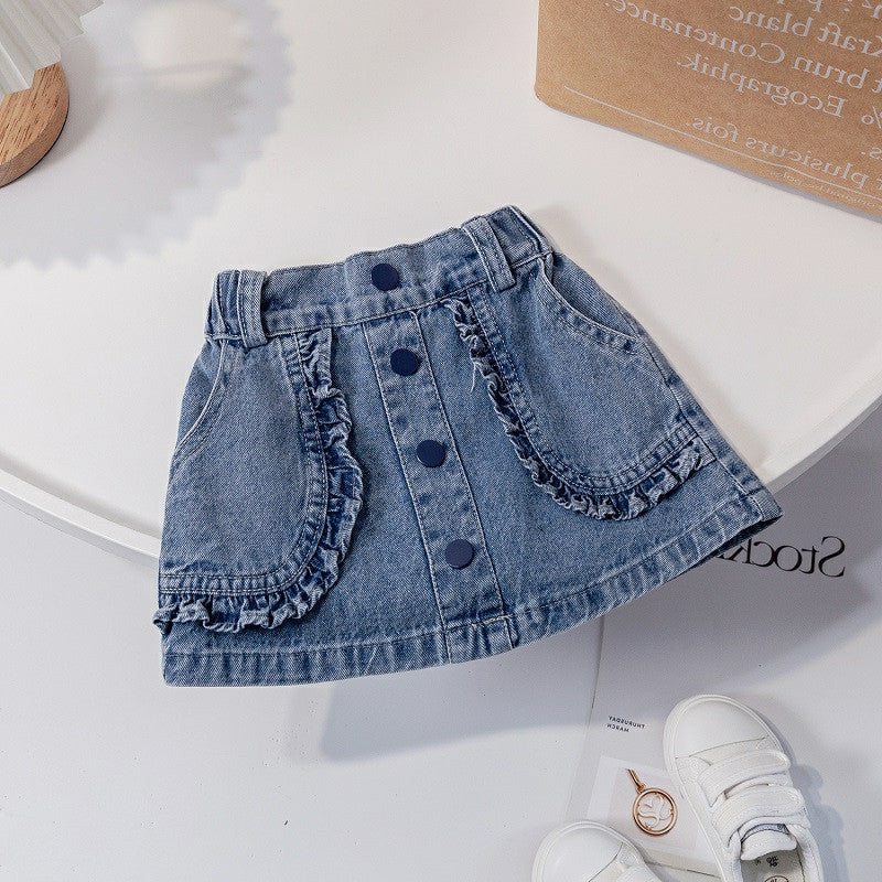 Girls' Korean Style Lace-Trimmed Denim Skirt