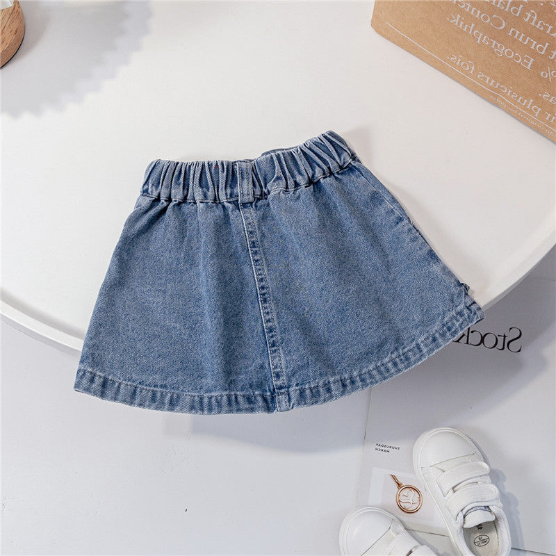 Girls' Korean Style Lace-Trimmed Denim Skirt