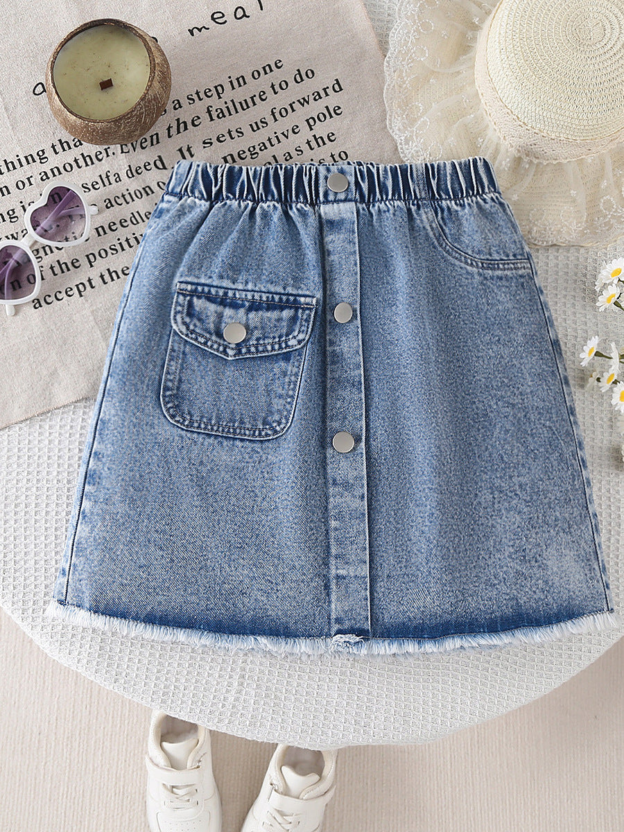 Girls' Button-Decorated Cargo Denim Midi Skirt