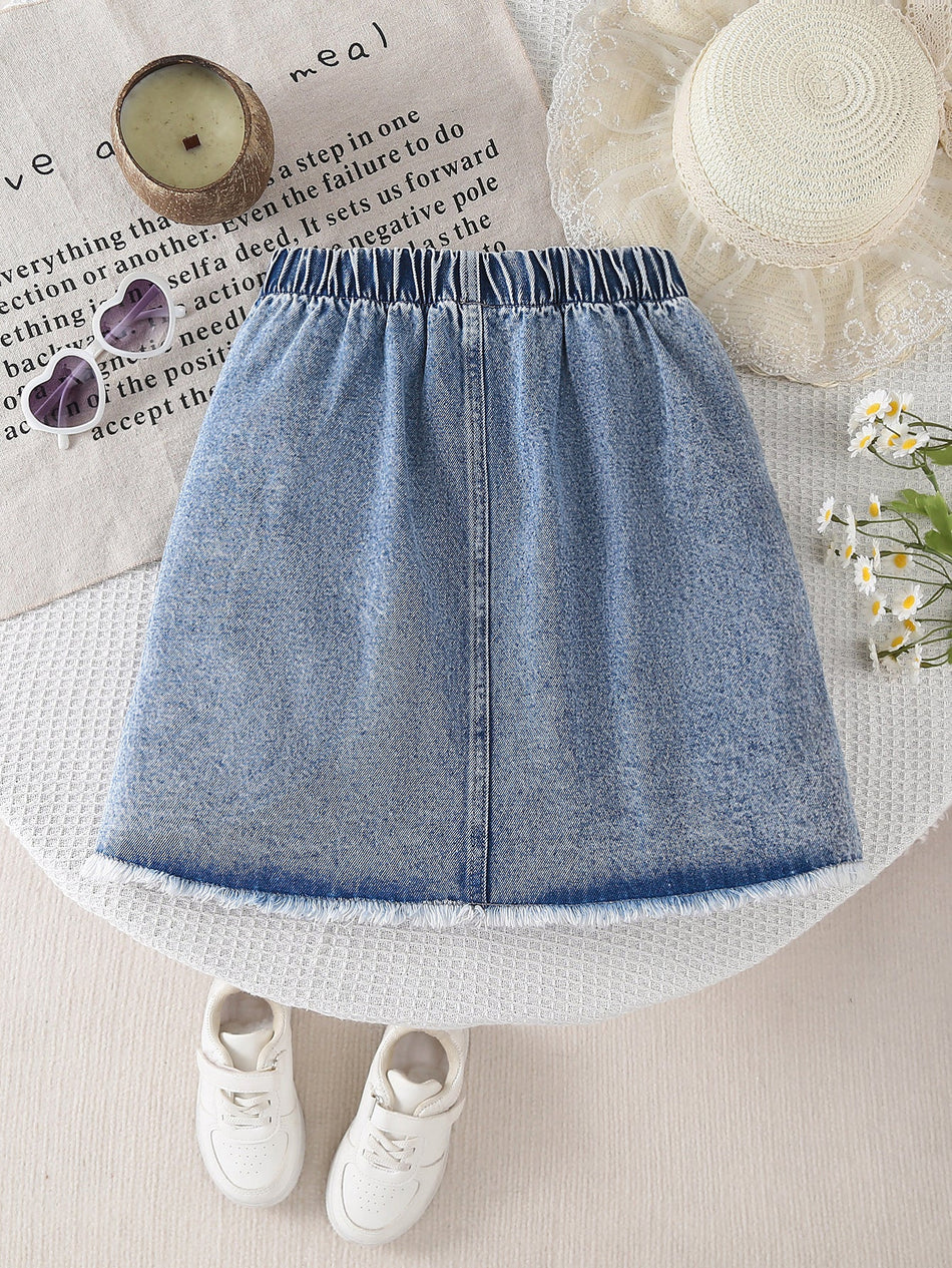 Girls' Button-Decorated Cargo Denim Midi Skirt