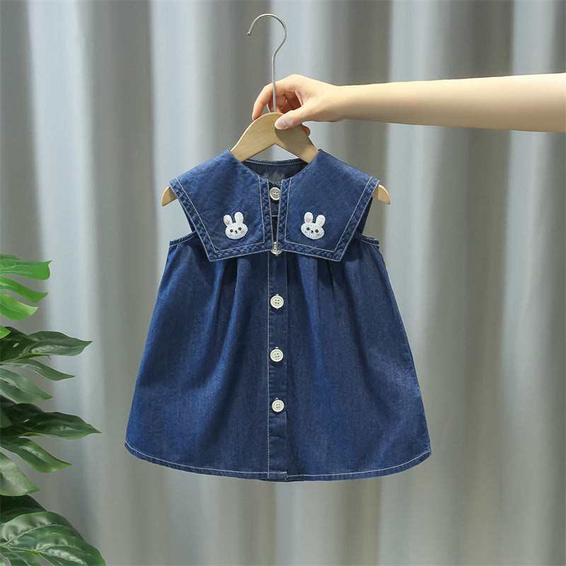 Girls' Pure Cotton Navy Collar Denim Dress