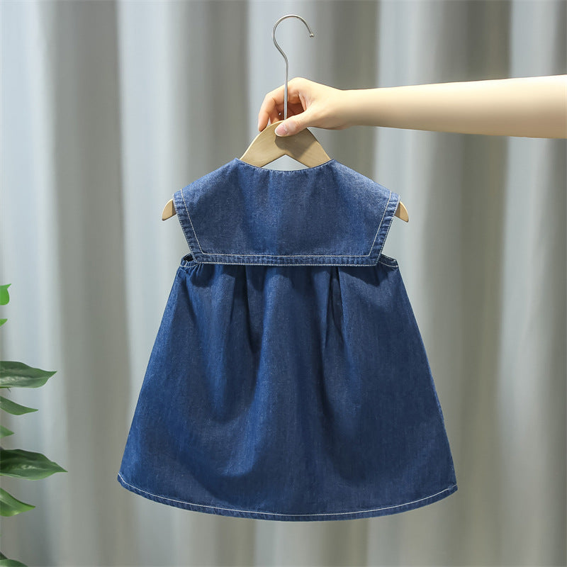 Girls' Pure Cotton Navy Collar Denim Dress