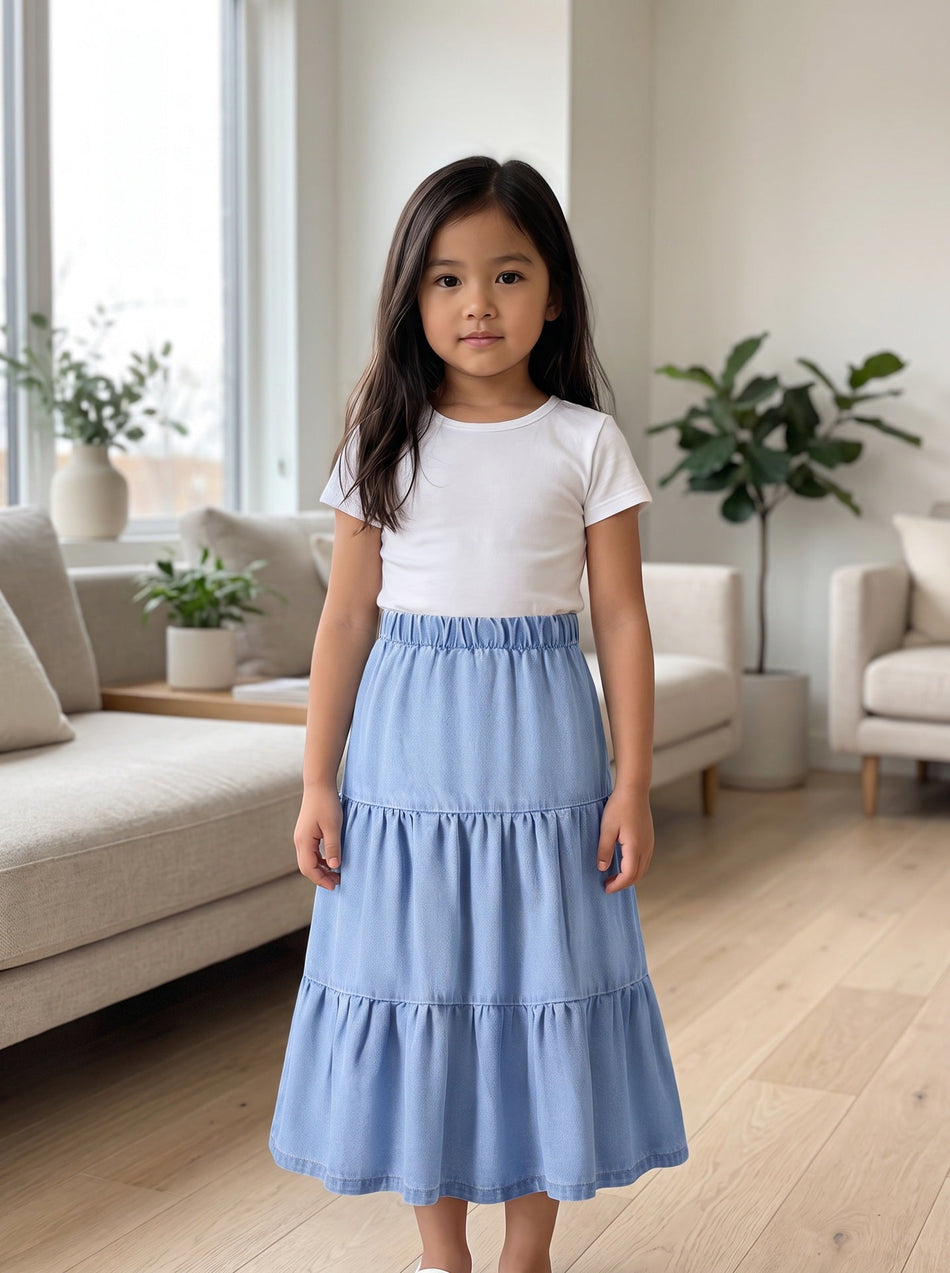 Girls' Outdoor Retro Patchwork Denim Midi Skirt