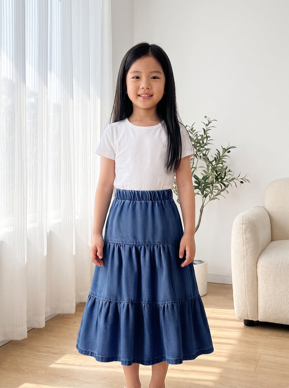 Girls' Outdoor Retro Patchwork Denim Midi Skirt