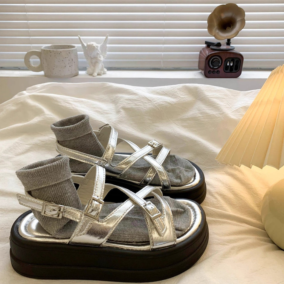 Women's Silver Platform Roman Sandals with Open Toe