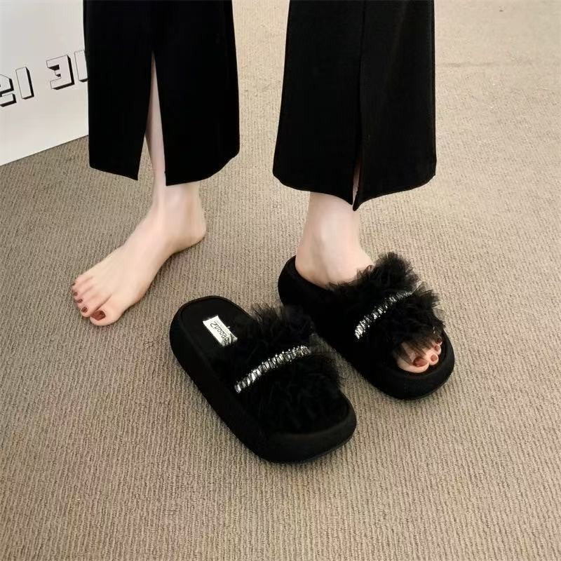 Women's Rhinestone Platform Slip-On Sandals with Thick Sole