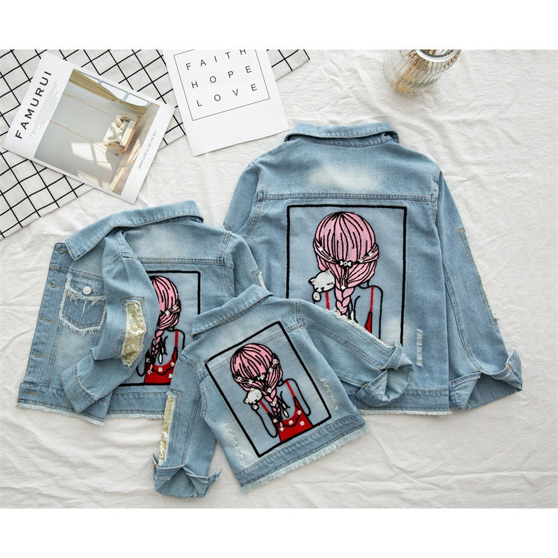 Girls' Light Blue Beauty Figure Cartoon Denim Coat for Kids &