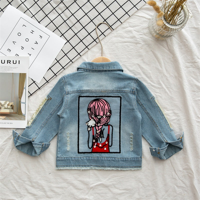 Girls' Light Blue Beauty Figure Cartoon Denim Coat for Kids &
