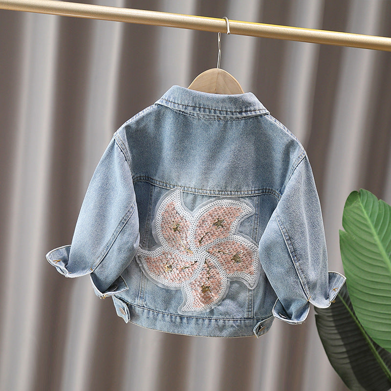 Girls' Floral & Sequin Embroidered Denim Jacket