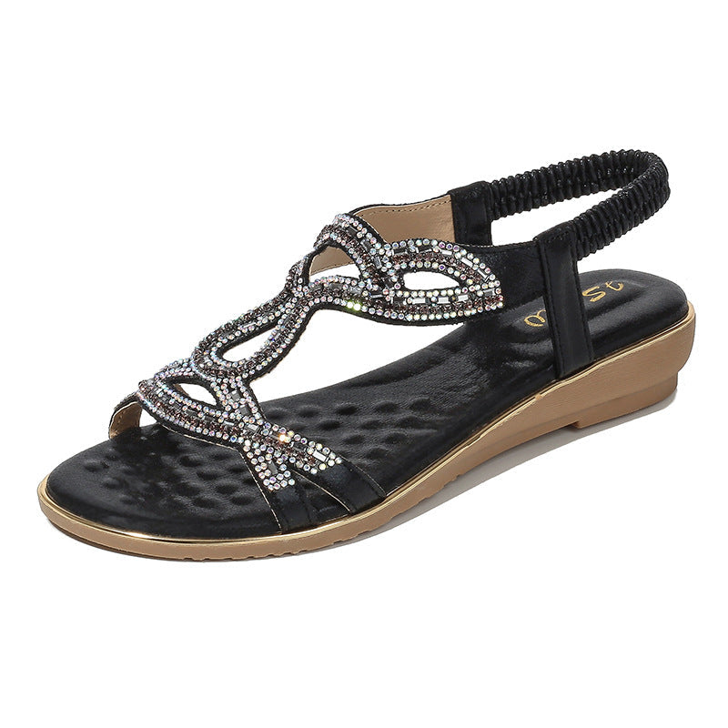 Women’s Bohemian Rhinestone Wedge Sandals with Strappy Detail