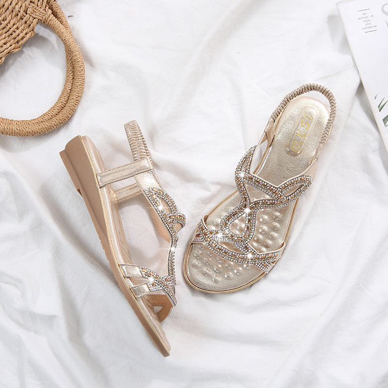 Women’s Bohemian Rhinestone Wedge Sandals with Strappy Detail